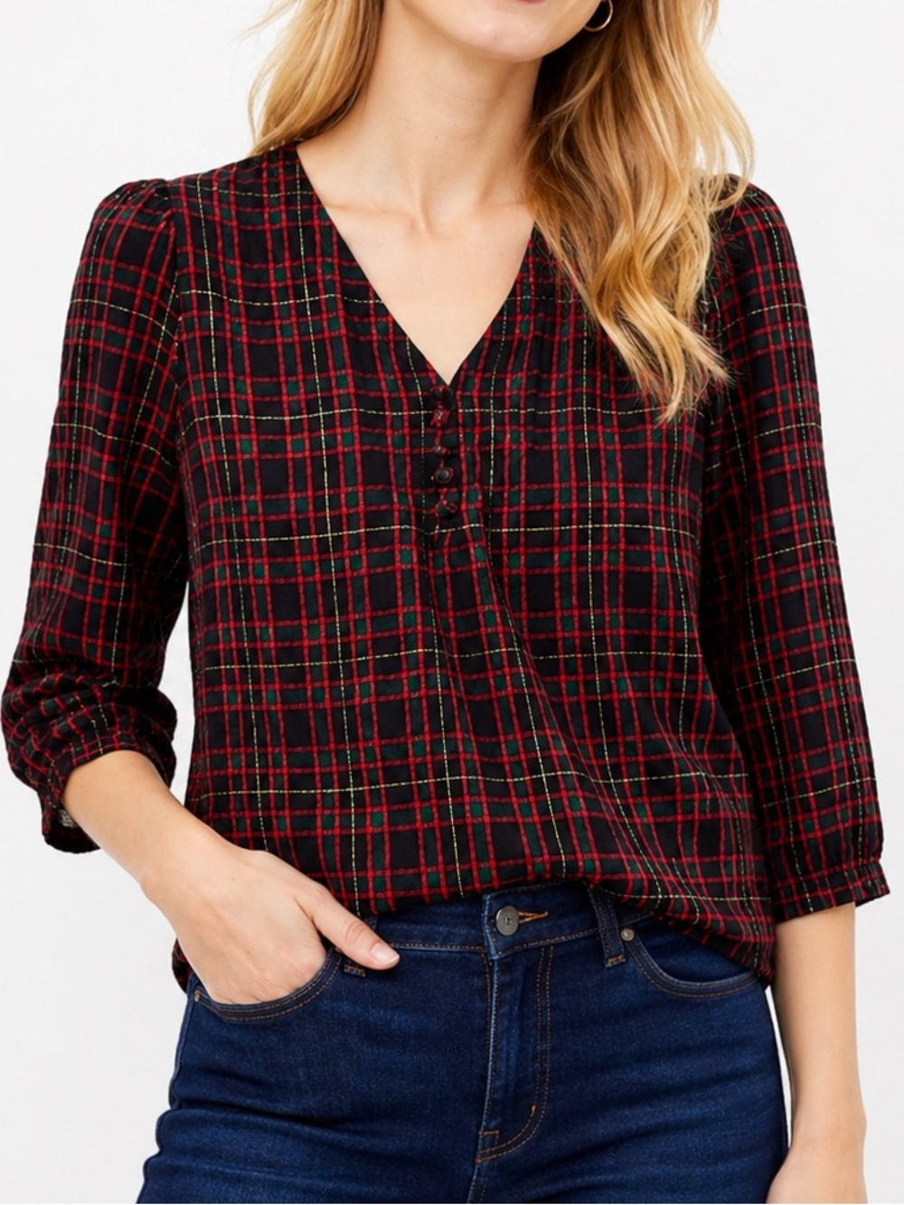 LOFT Black Red Green Gold Plaid V-Neck Blouse Puff Sleeve Top Women’s Shirt